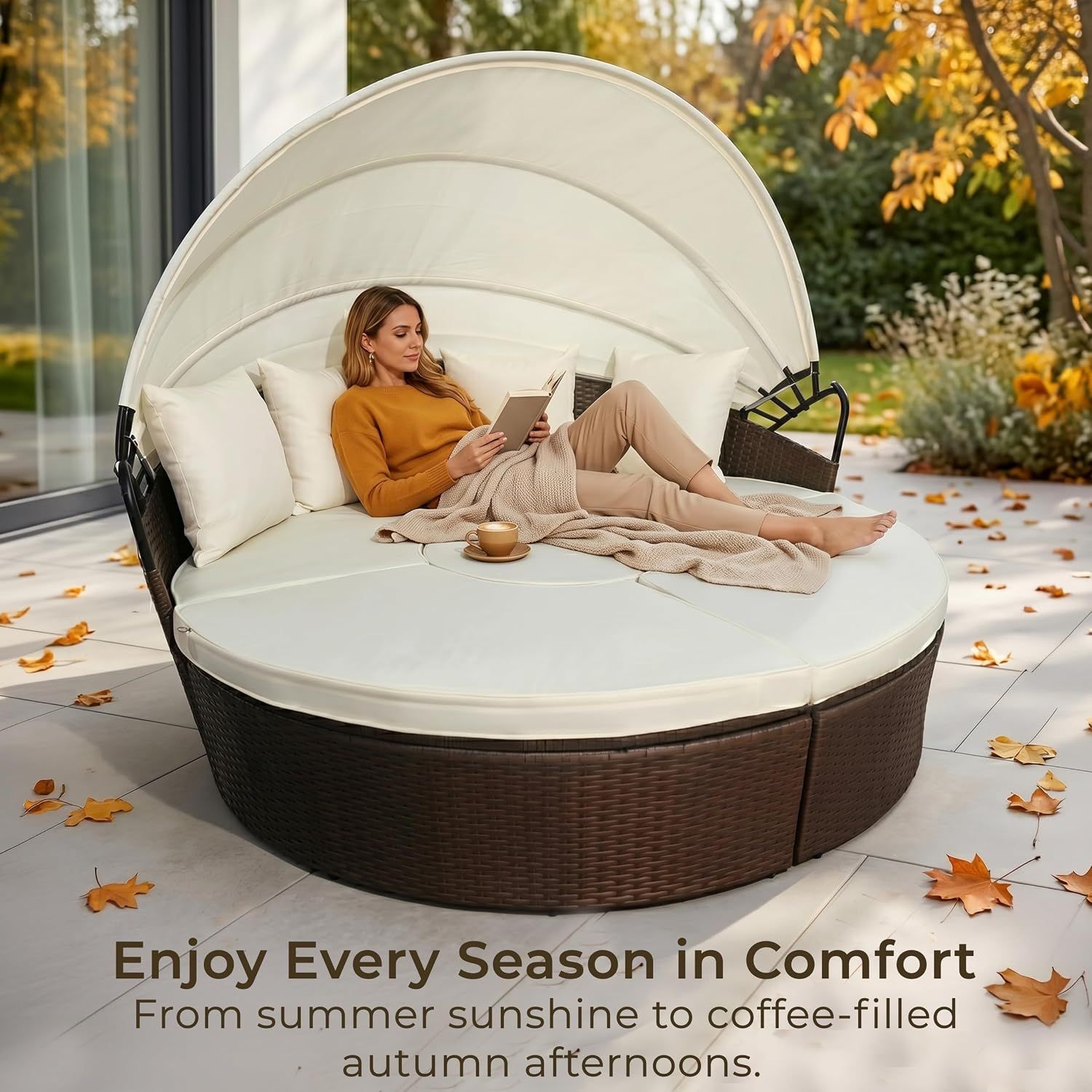 Rattan 5-Piece Round Daybed Set – Brown