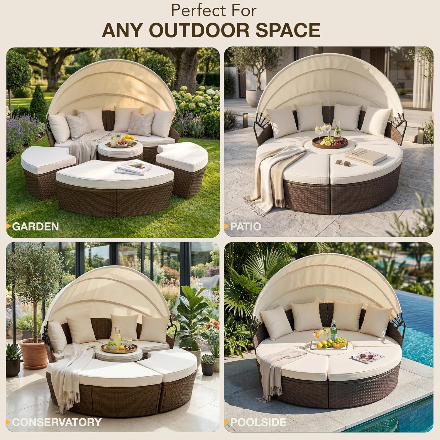 Rattan 5-Piece Round Daybed Set – Brown