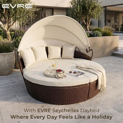Rattan 5-Piece Round Daybed Set – Brown