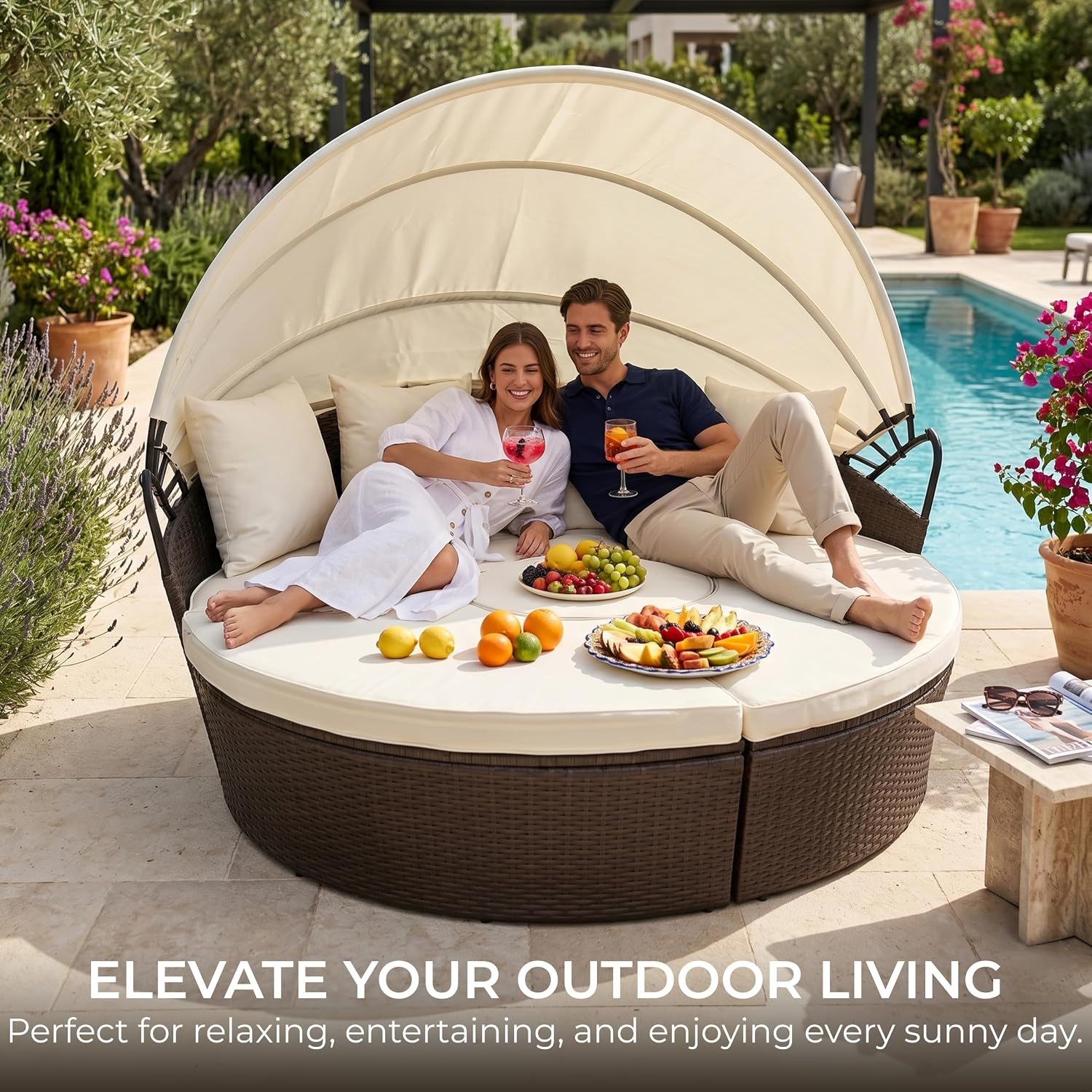 Rattan 5-Piece Round Daybed Set – Brown