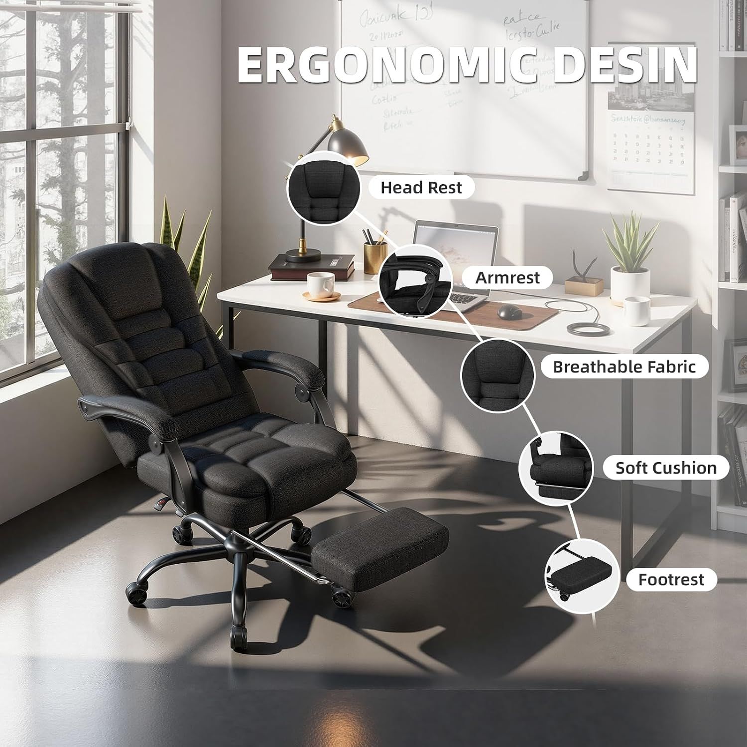 High Back Office Chair with Footrest and Armrests