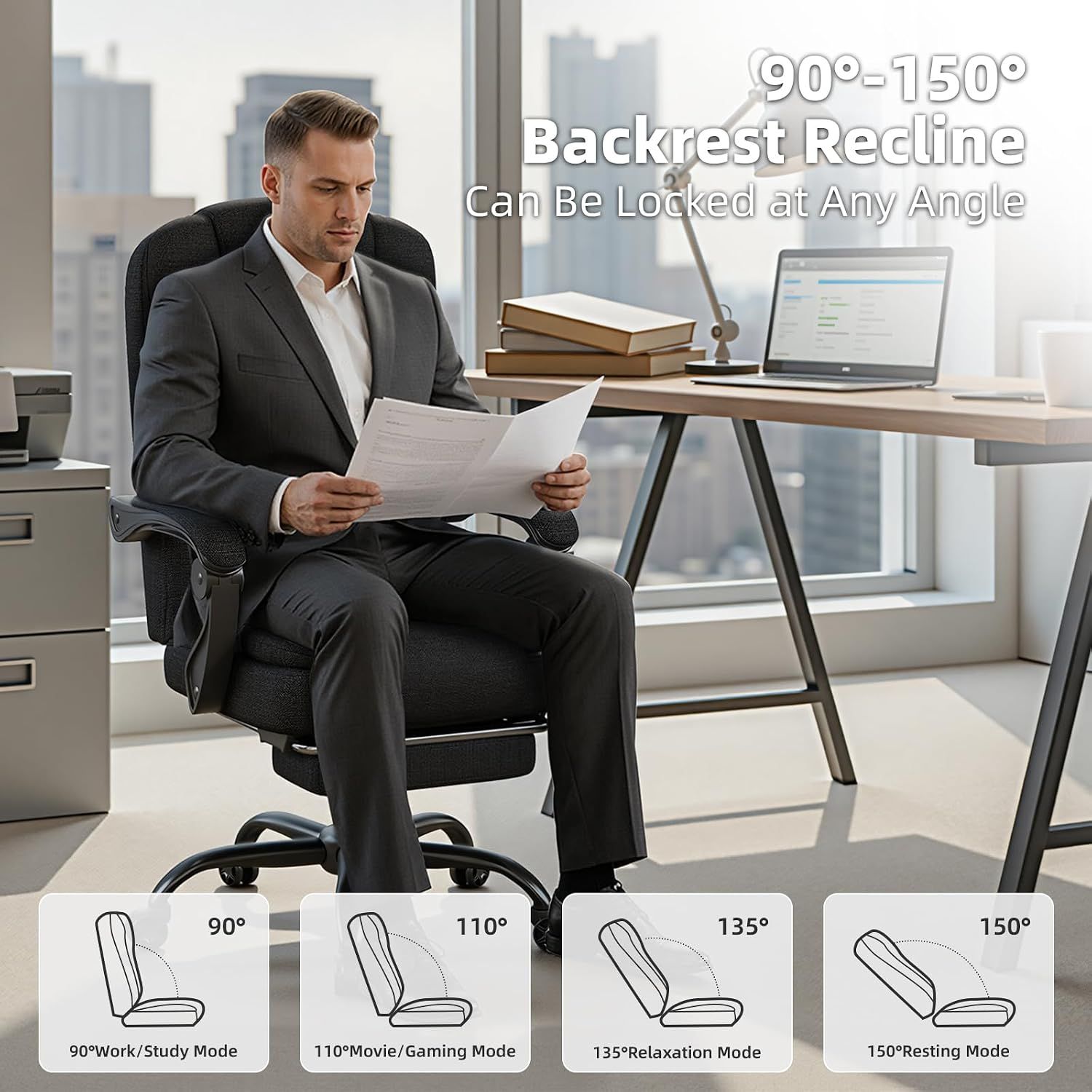 High Back Office Chair with Footrest and Armrests