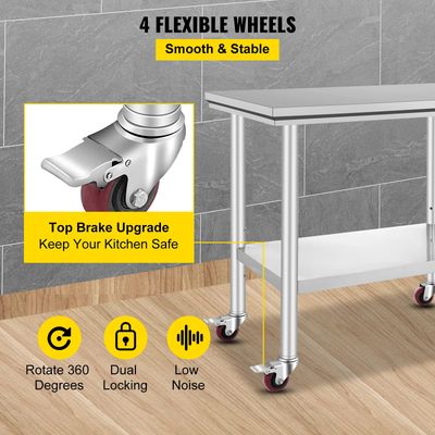 Stainless Steel Kitchen Work Table with Shelves &amp; Caster Wheels Commercial Prep Bench