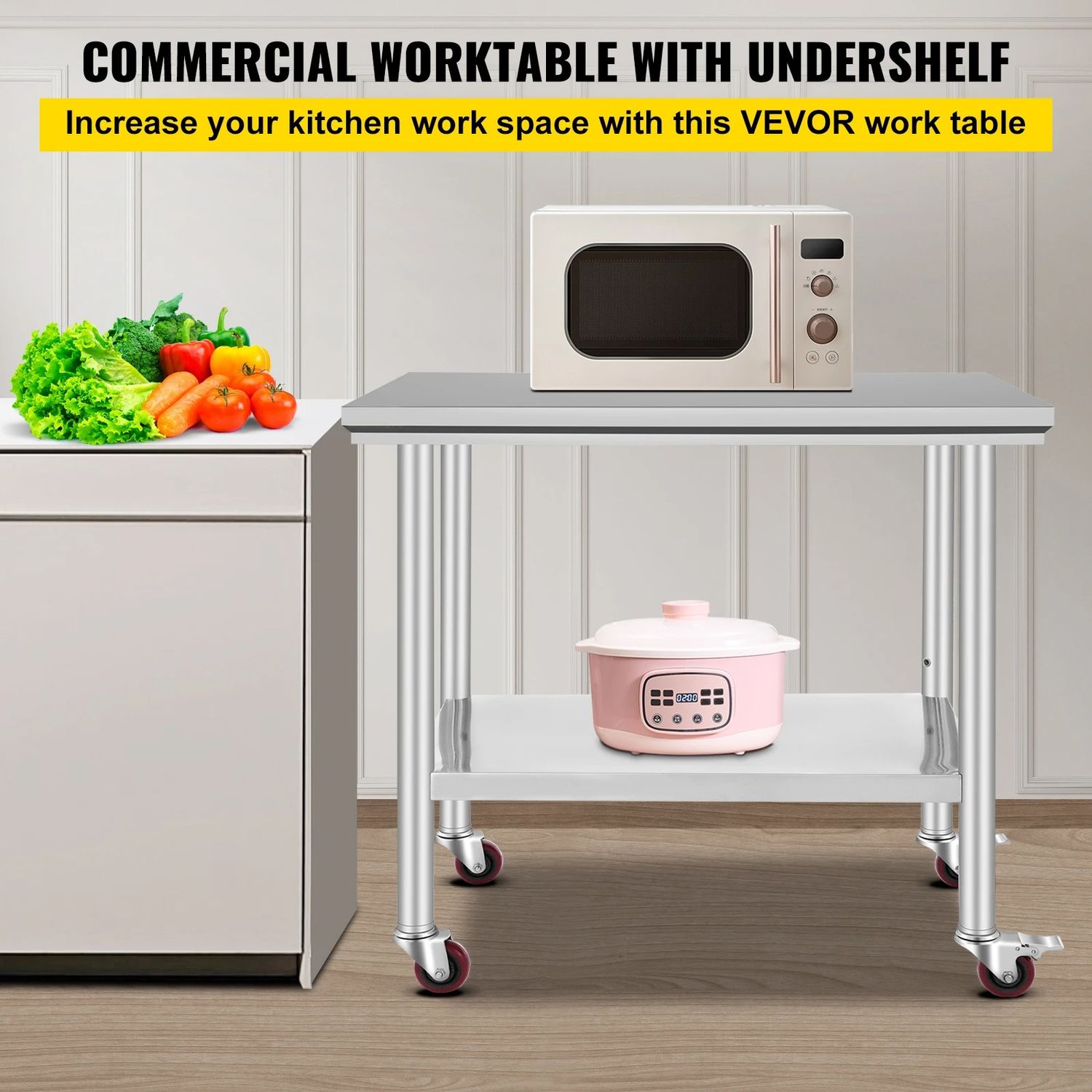 Stainless Steel Kitchen Work Table with Shelves &amp; Caster Wheels Commercial Prep Bench
