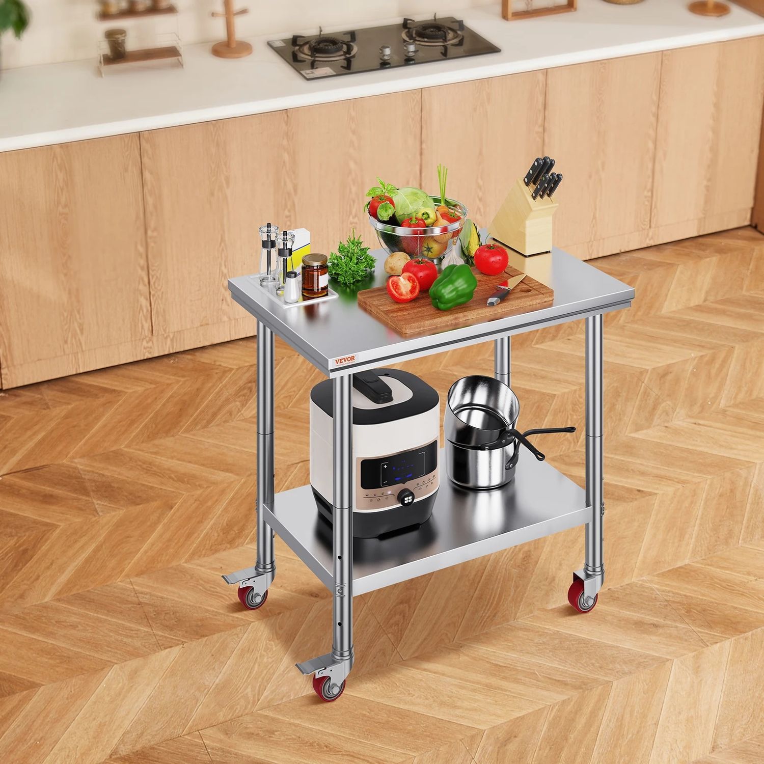 Stainless Steel Kitchen Work Table with Shelves &amp; Caster Wheels Commercial Prep Bench