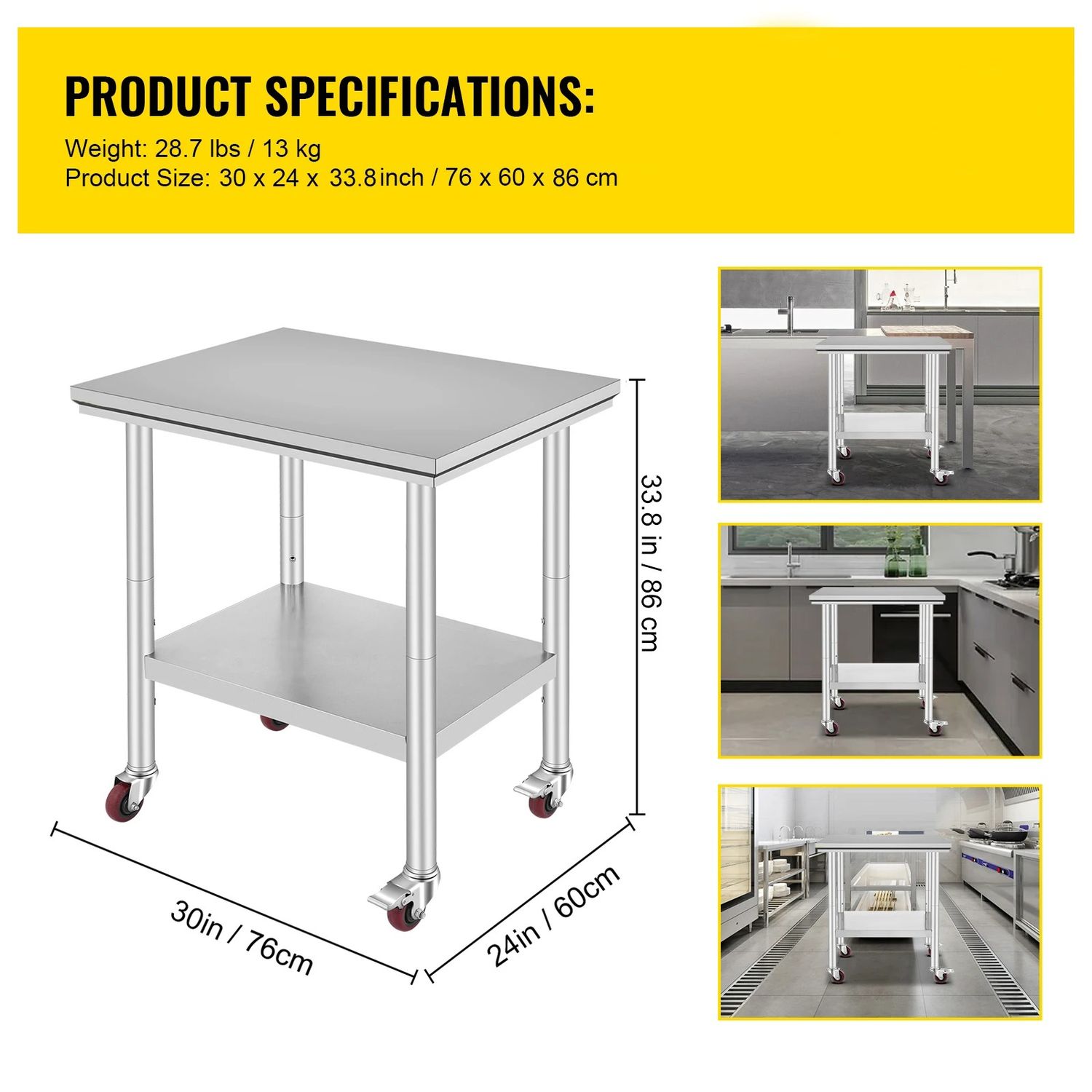 Stainless Steel Kitchen Work Table with Shelves &amp; Caster Wheels Commercial Prep Bench
