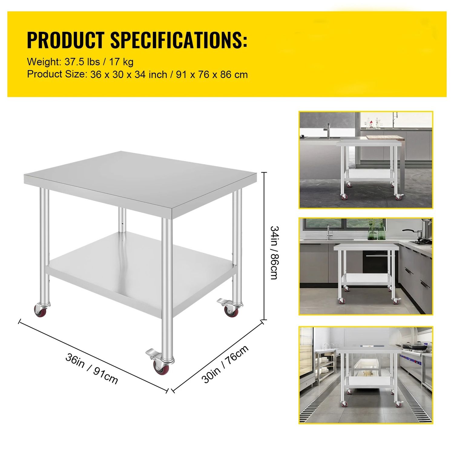 Stainless Steel Kitchen Work Table with Shelves &amp; Caster Wheels Commercial Prep Bench