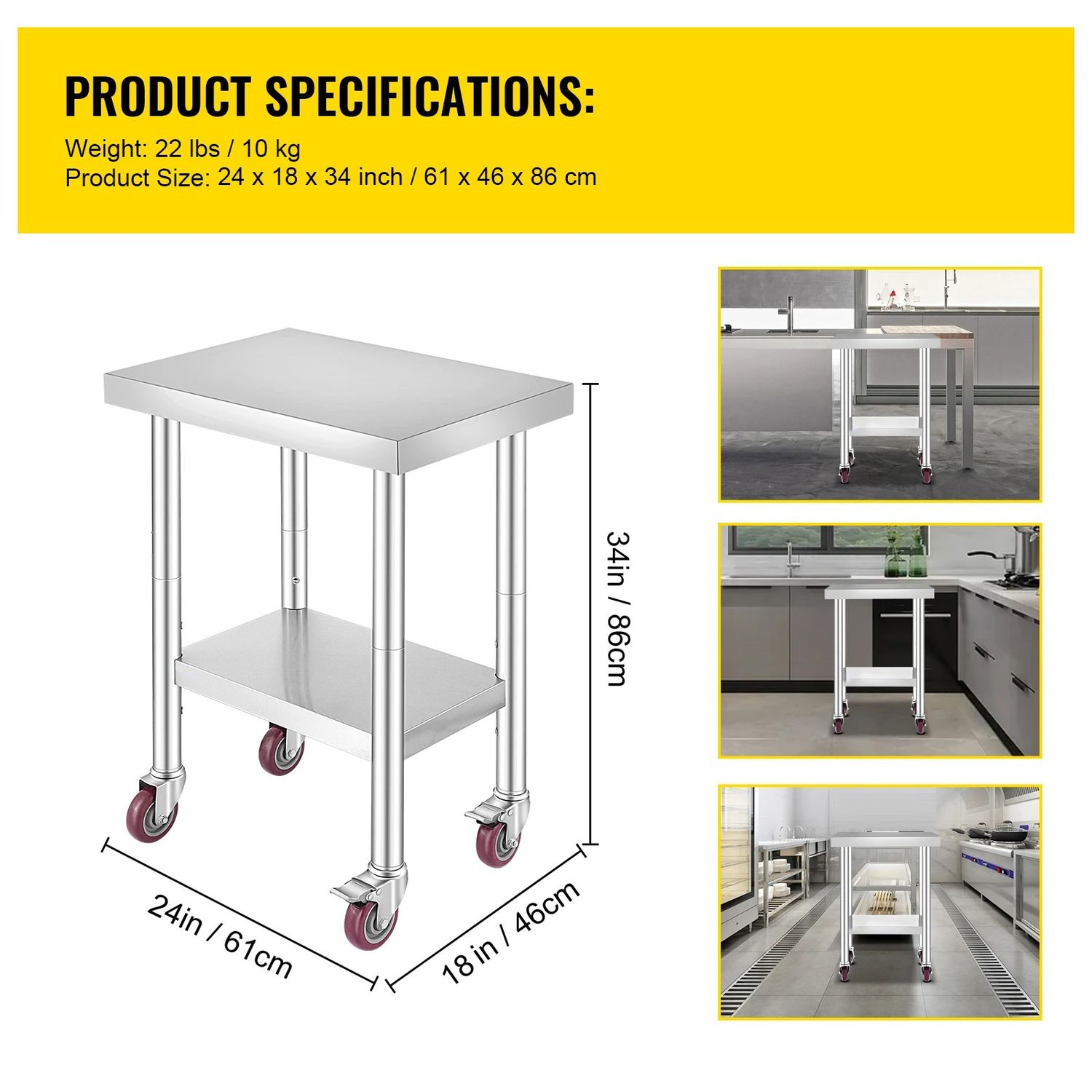 Stainless Steel Kitchen Work Table with Shelves &amp; Caster Wheels Commercial Prep Bench