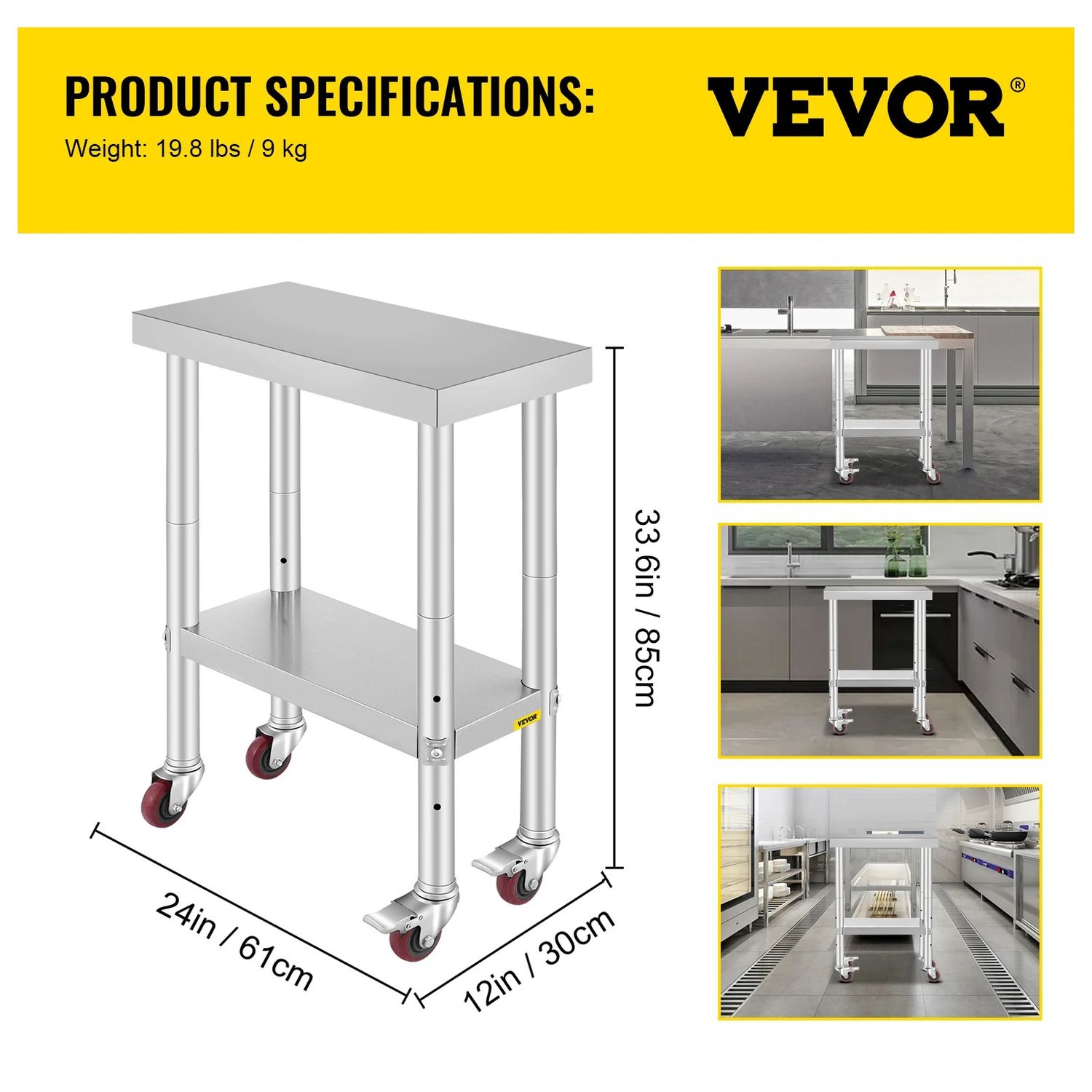 Stainless Steel Kitchen Work Table with Shelves &amp; Caster Wheels Commercial Prep Bench