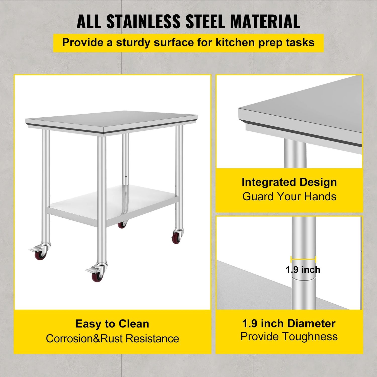 Stainless Steel Kitchen Work Table with Shelves &amp; Caster Wheels Commercial Prep Bench