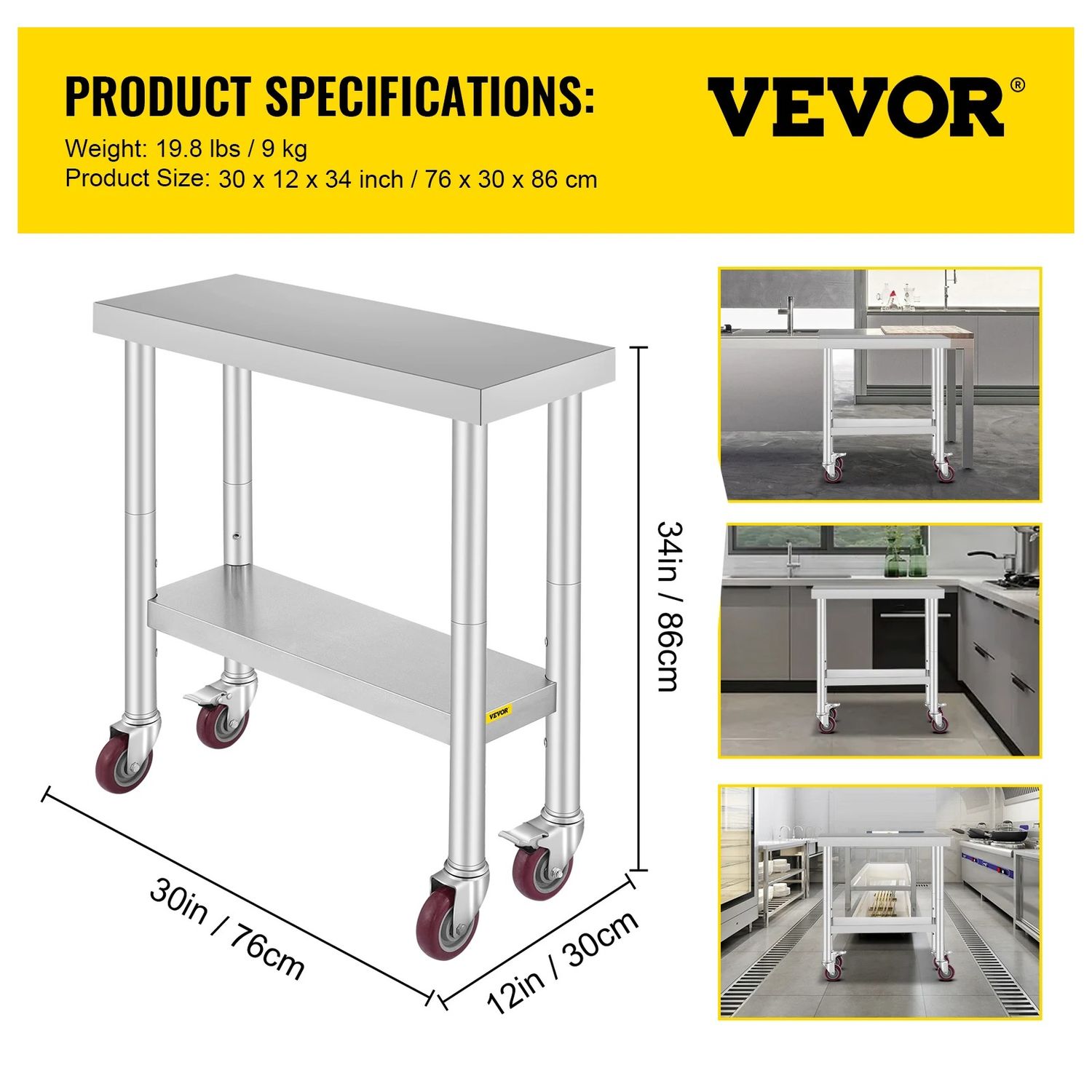 Stainless Steel Kitchen Work Table with Shelves &amp; Caster Wheels Commercial Prep Bench