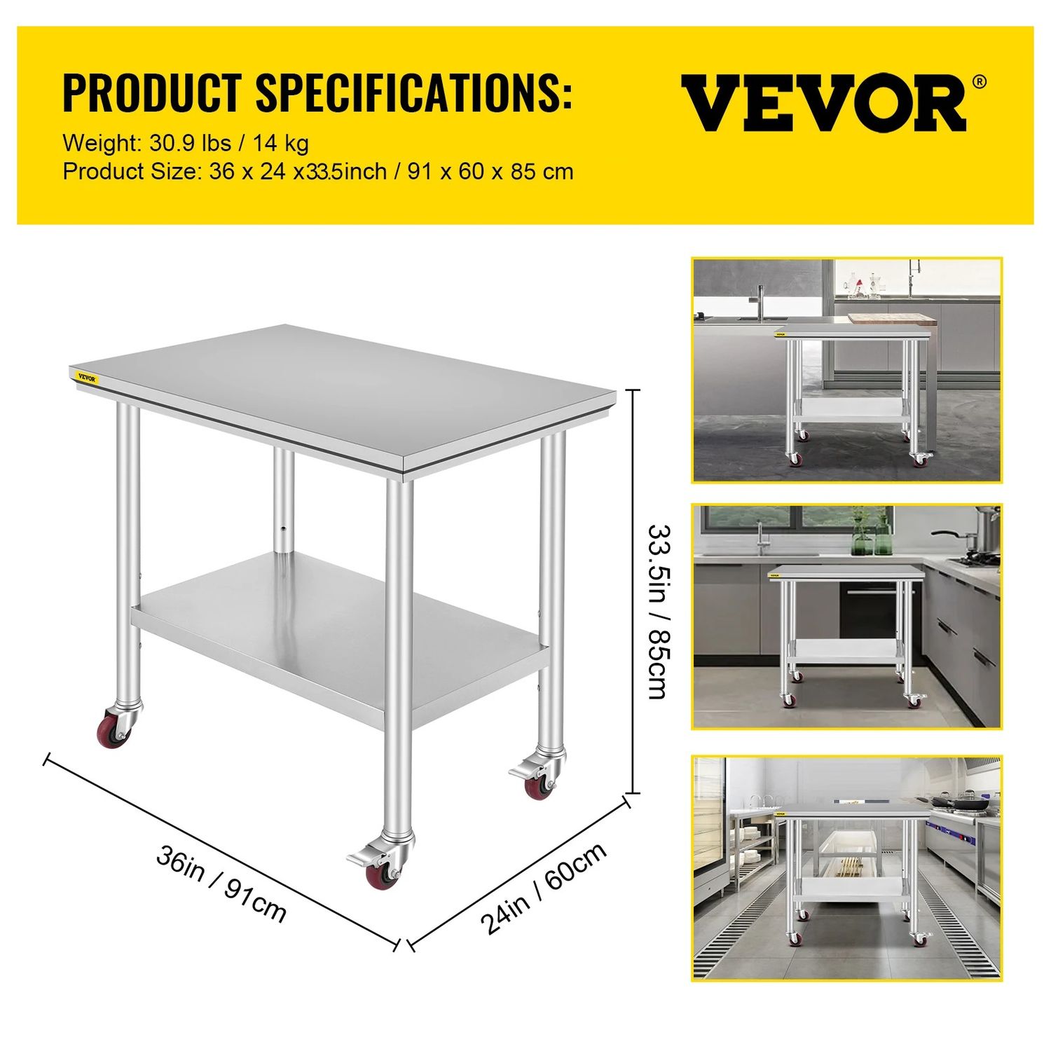 Stainless Steel Kitchen Work Table with Shelves &amp; Caster Wheels Commercial Prep Bench