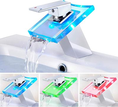 RGB Glass Waterfall Faucet LED Bathroom Sink Tap