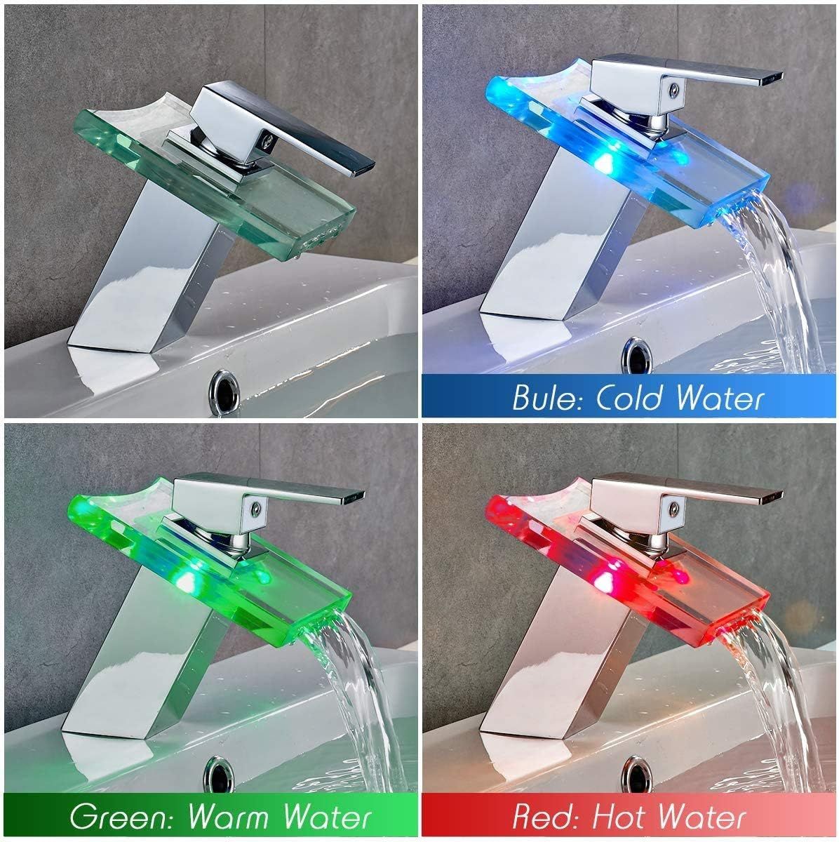 RGB Glass Waterfall Faucet LED Bathroom Sink Tap