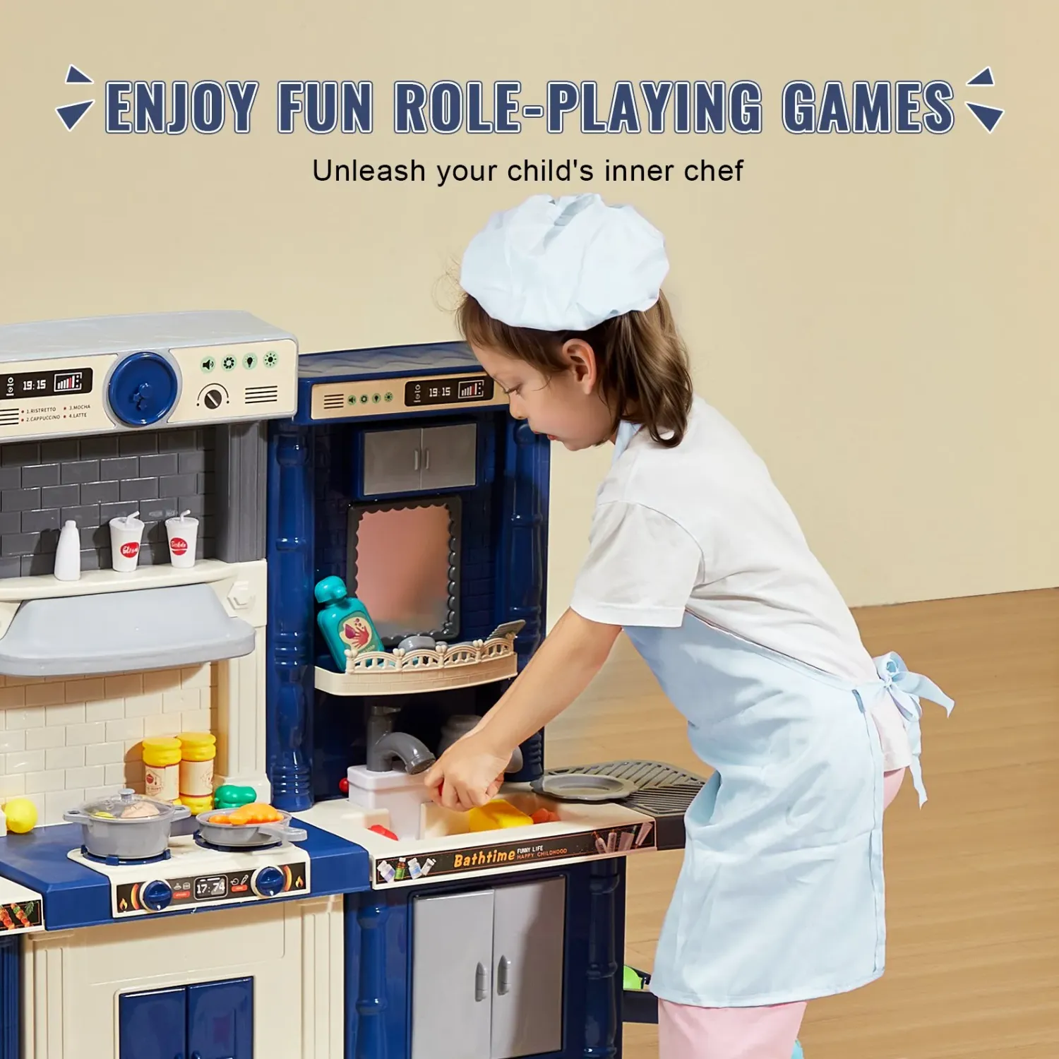 Role Play Kids 3-in-1 Kids Play Kitchen Set – 74-Piece Pretend Cooking Set with Accessories