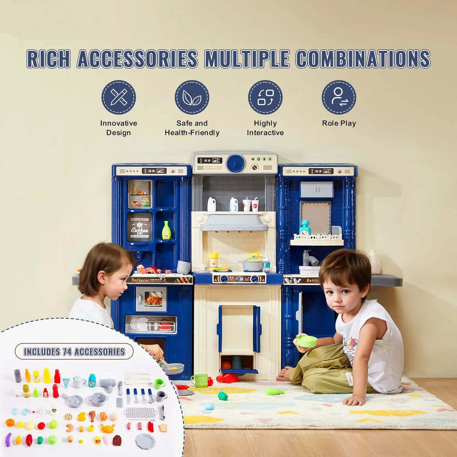 Role Play Kids 3-in-1 Kids Play Kitchen Set – 74-Piece Pretend Cooking Set with Accessories