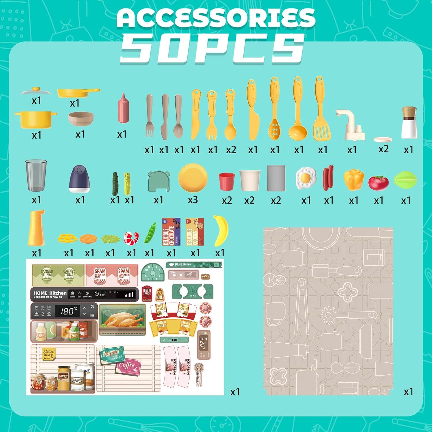 Set of 50-Piece Kids Kitchen Play Set – Pretend Cooking Toy