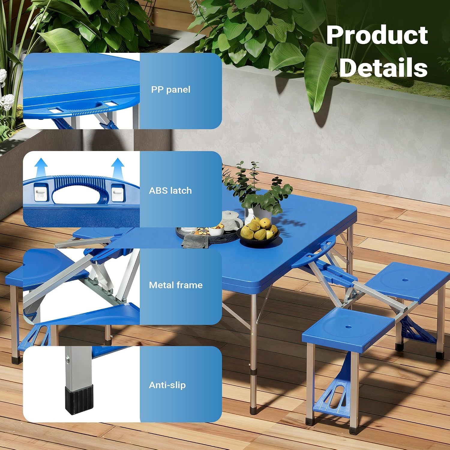 Portable 4 Seater Aluminum Table with Foldable Seats, Blue