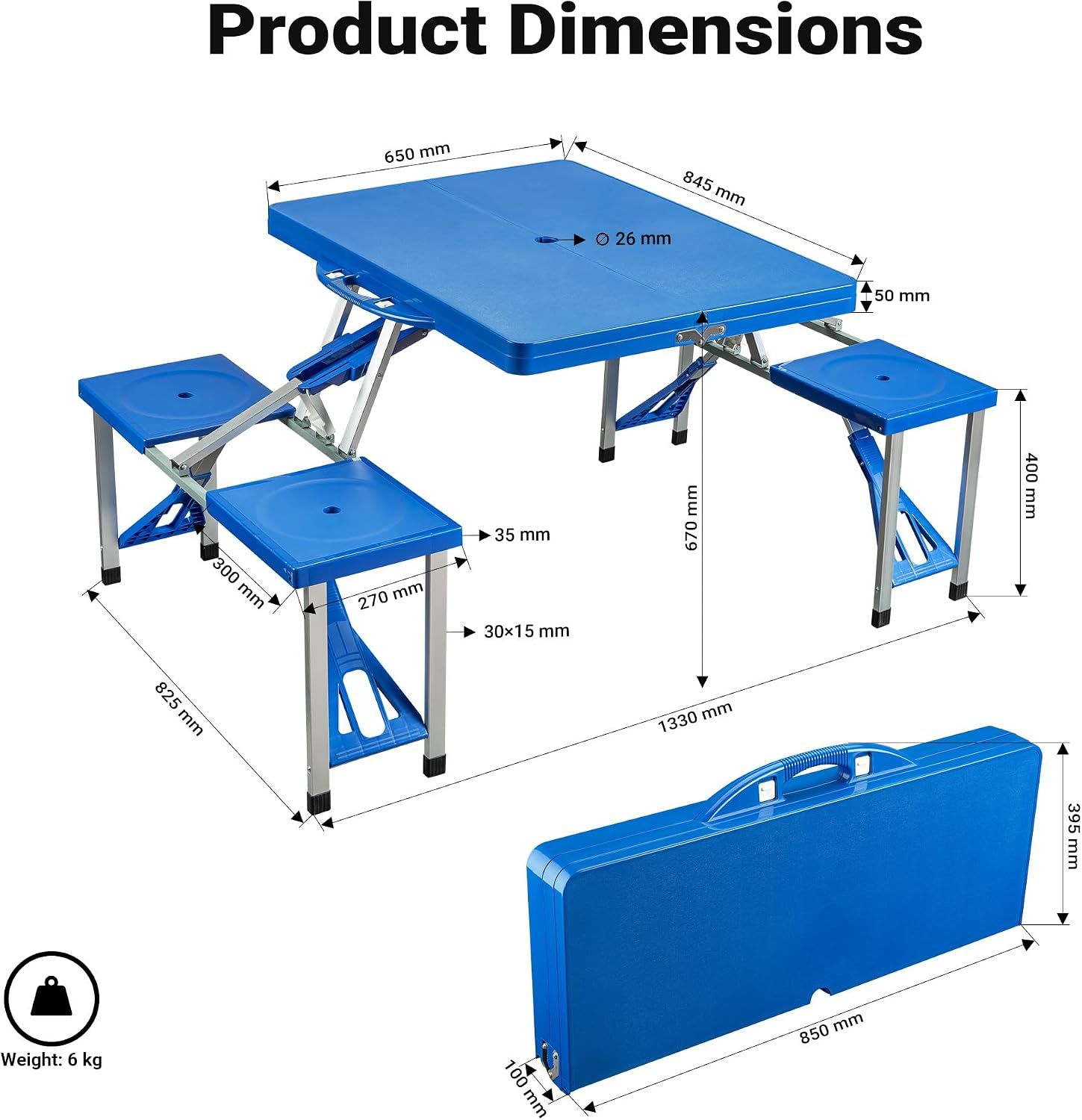 Portable 4 Seater Aluminum Table with Foldable Seats, Blue