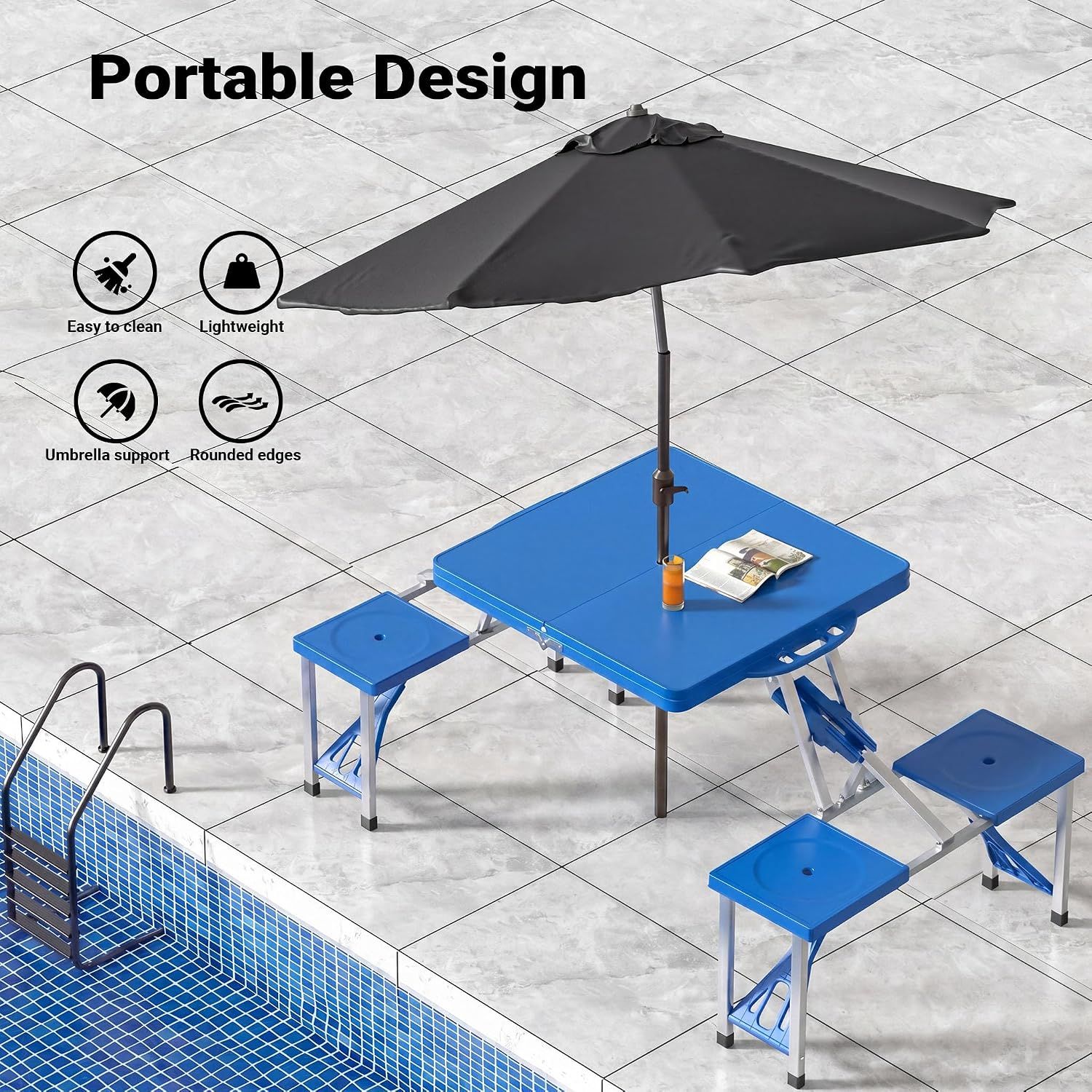 Portable 4 Seater Aluminum Table with Foldable Seats, Blue