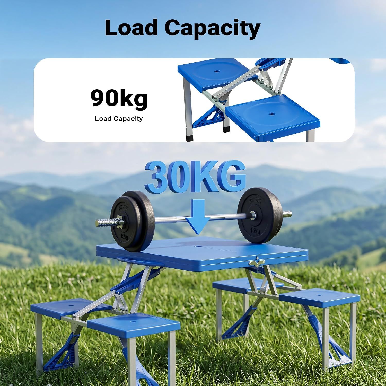 Portable 4 Seater Aluminum Table with Foldable Seats, Blue