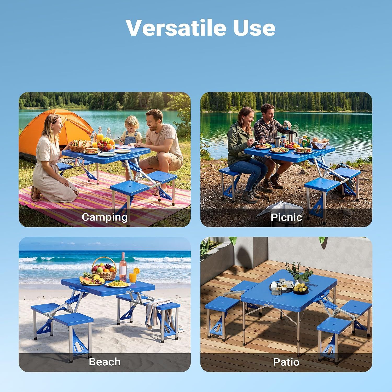 Portable 4 Seater Aluminum Table with Foldable Seats, Blue