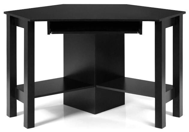 Small Office Desk with Drawers Shelf Storage, Color: Black