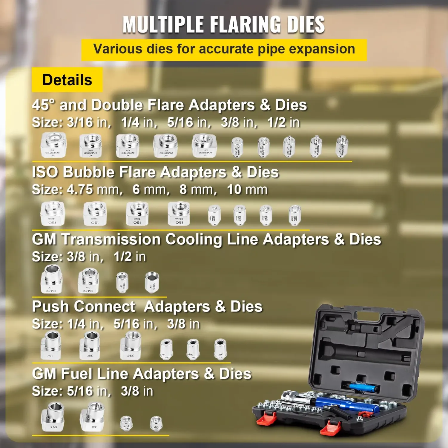 Hydraulic Brake Line Flaring Tool — 30-Piece Set with 45° Flaring Cone, 16 Dies &amp; Adapters, Compatible with 3/16" to 1/2" Copper Tubing