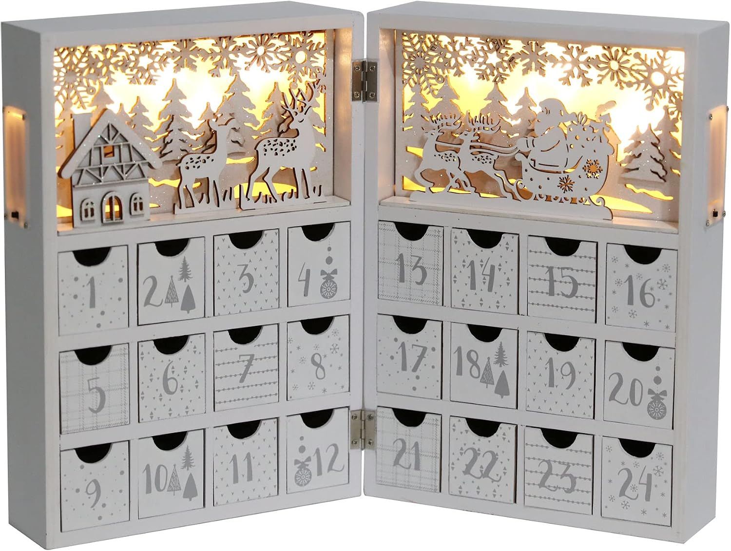 Winter Scene Wooden Advent Calendar with Illumination of Warm White LEDs
