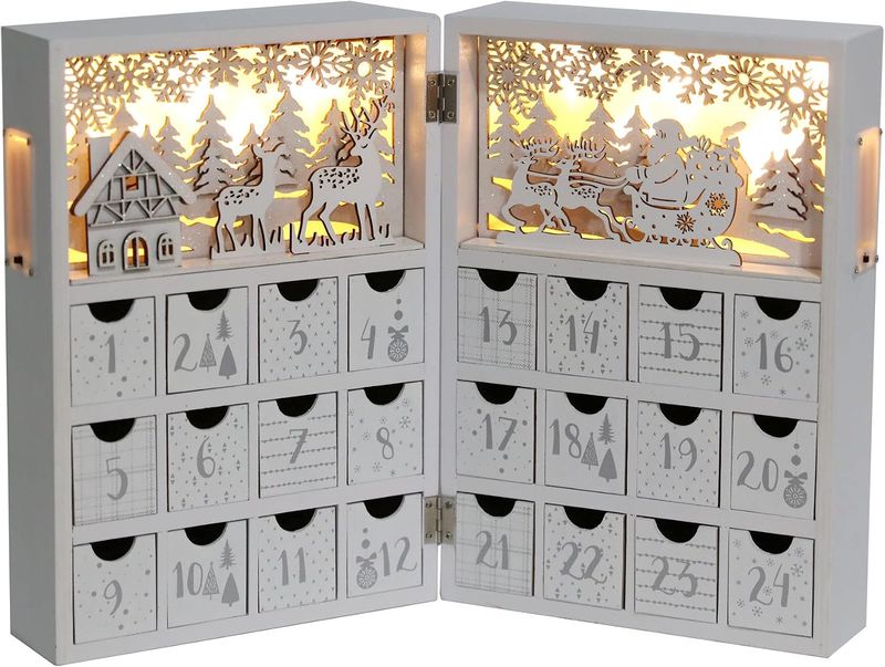 Winter Scene Wooden Advent Calendar with Illumination of Warm White LEDs