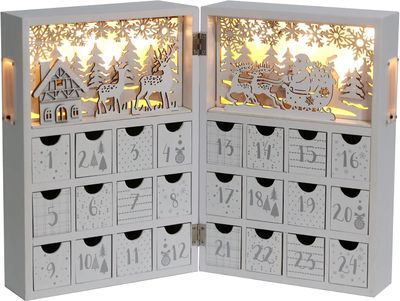 Winter Scene Wooden Advent Calendar with Illumination of Warm White LEDs