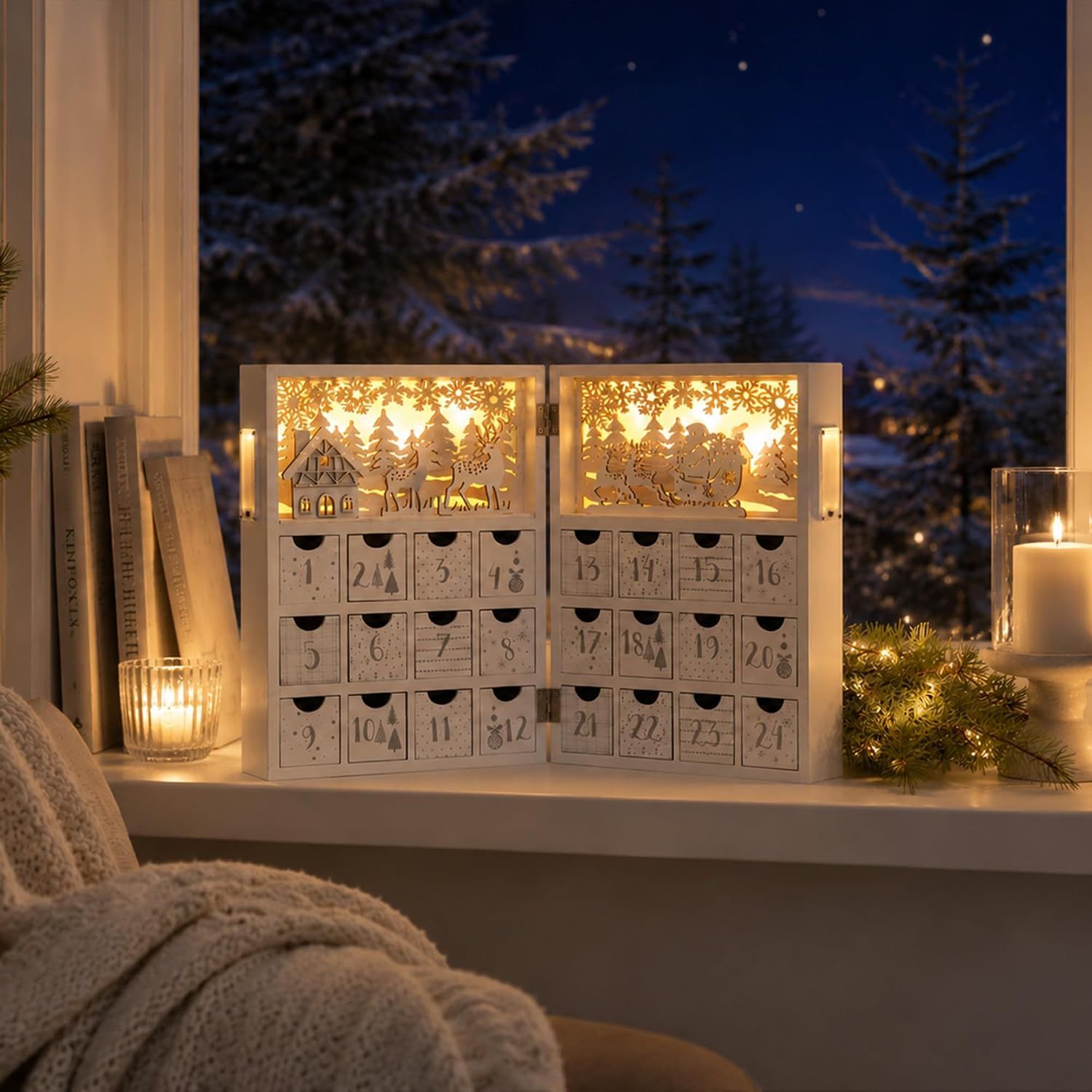 Winter Scene Wooden Advent Calendar with Illumination of Warm White LEDs