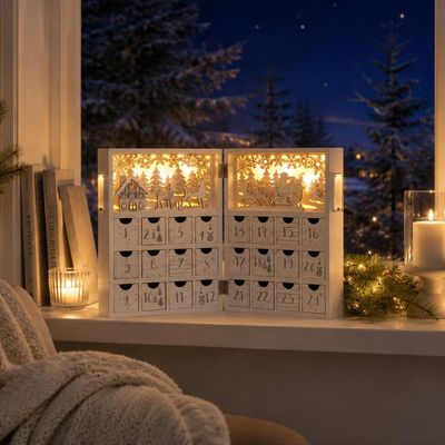 Winter Scene Wooden Advent Calendar with Illumination of Warm White LEDs
