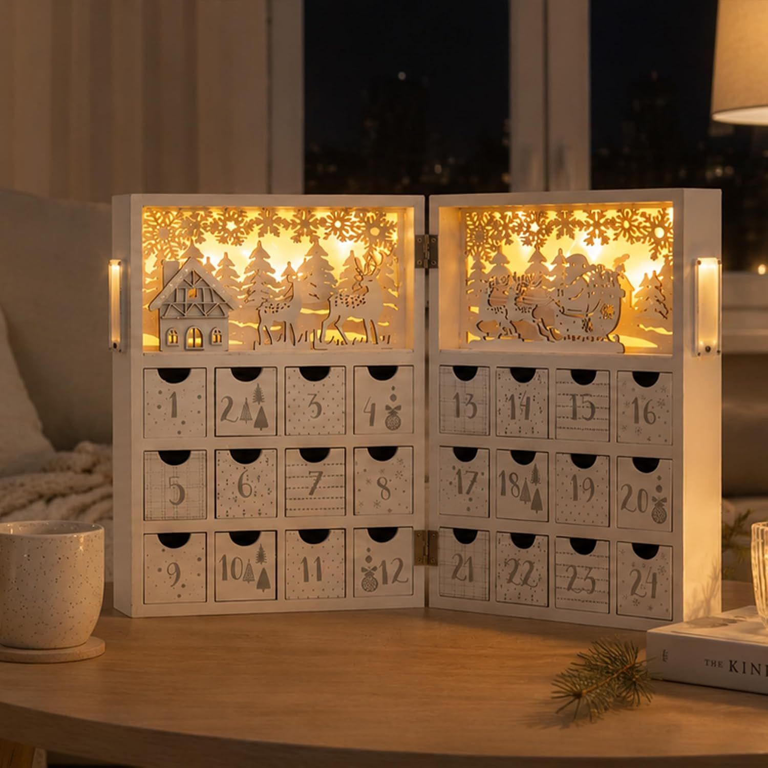 Winter Scene Wooden Advent Calendar with Illumination of Warm White LEDs