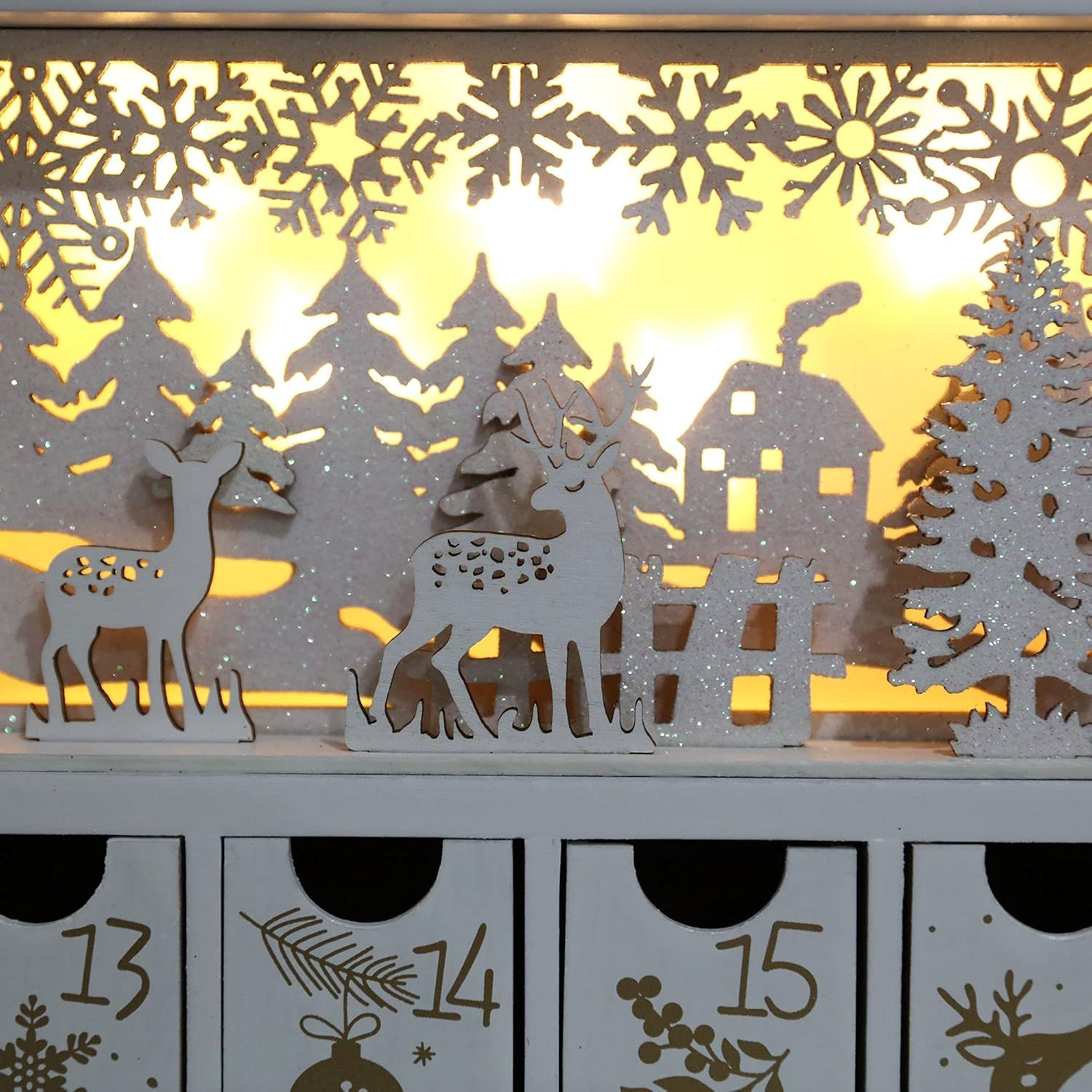 Winter Scene Wooden Advent Calendar with Illumination of Warm White LEDs