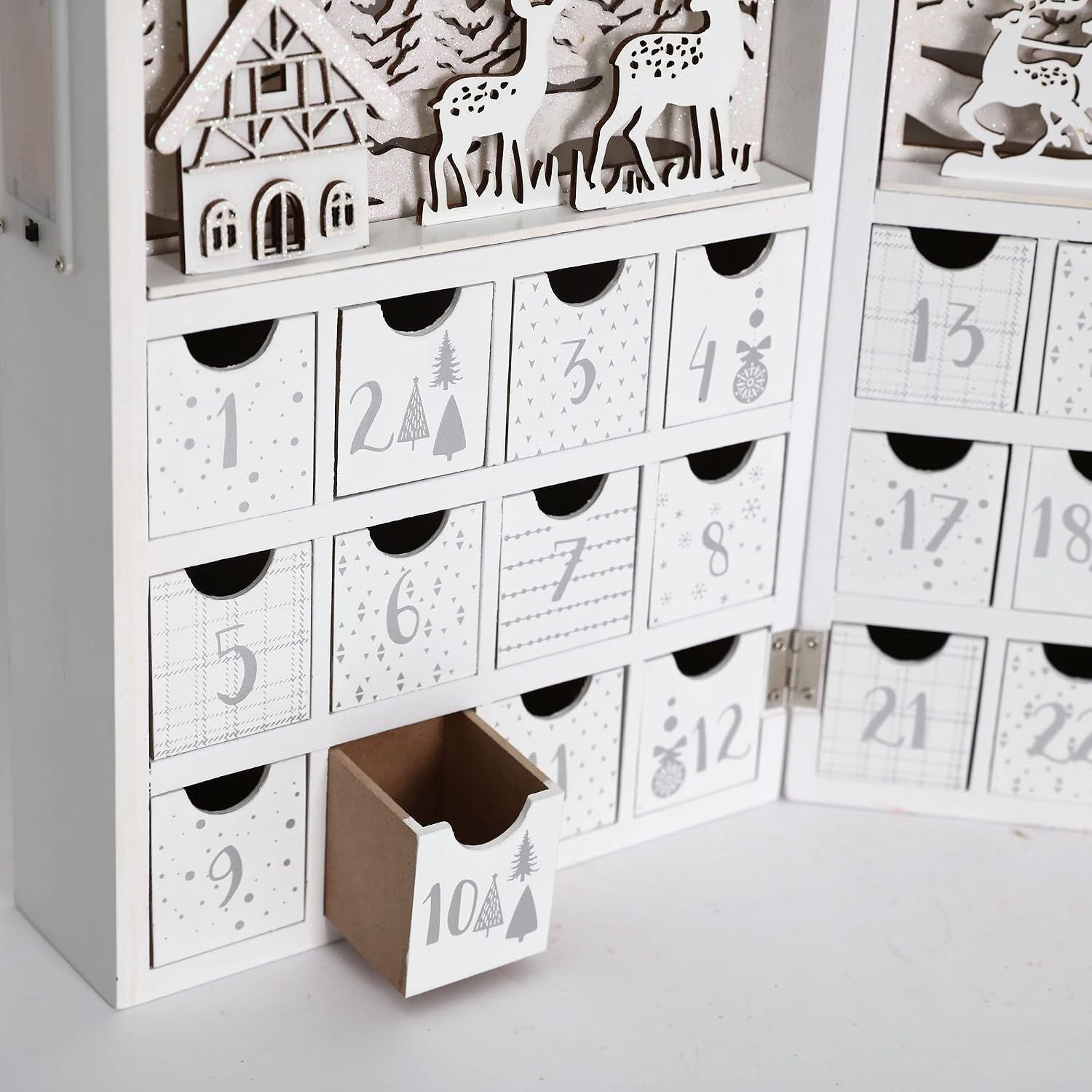 Winter Scene Wooden Advent Calendar with Illumination of Warm White LEDs