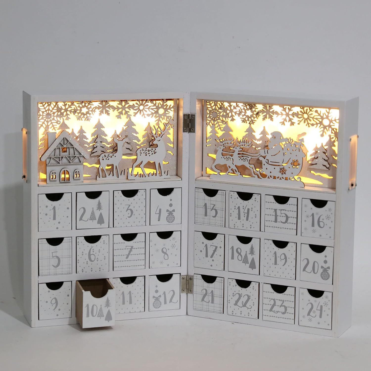 Winter Scene Wooden Advent Calendar with Illumination of Warm White LEDs