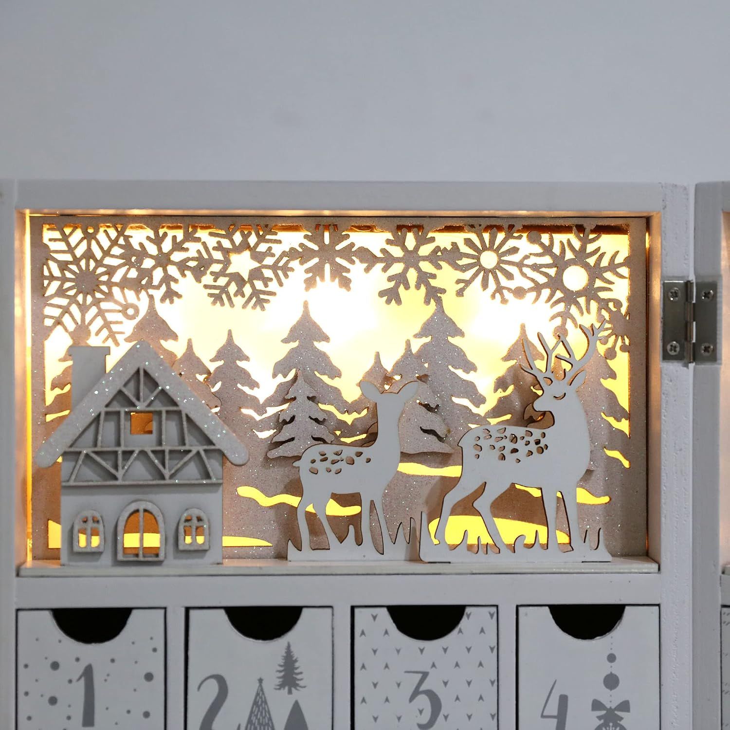Winter Scene Wooden Advent Calendar with Illumination of Warm White LEDs