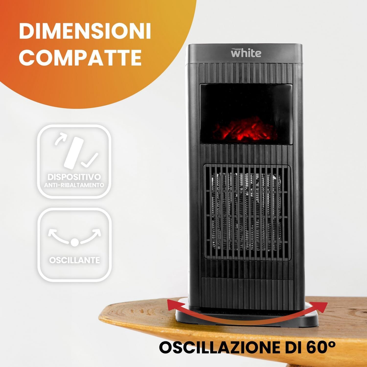 Low-Consumption White Electric Stove — 3D LED Flame Effect Fireplace Heater, Adjustable Heating Power 900–1500W, 230V Home Heating Unit