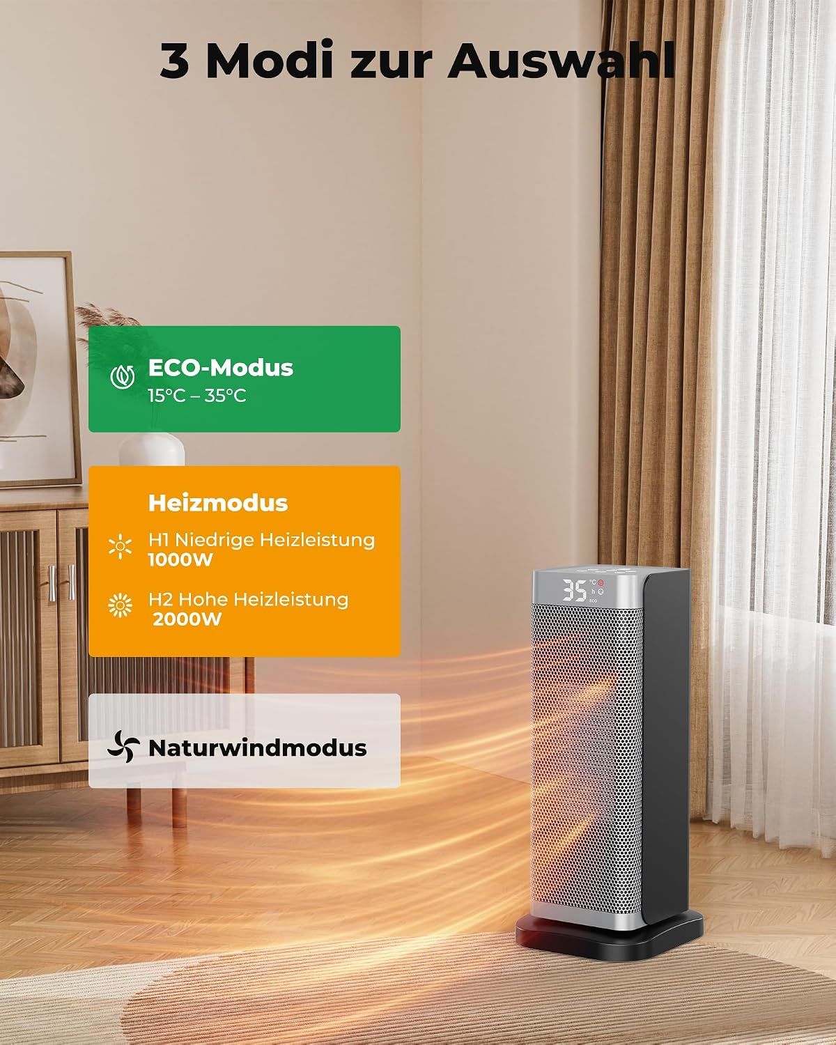 PTC Ceramic Fan Heater 2000W 3 Modes Remote
