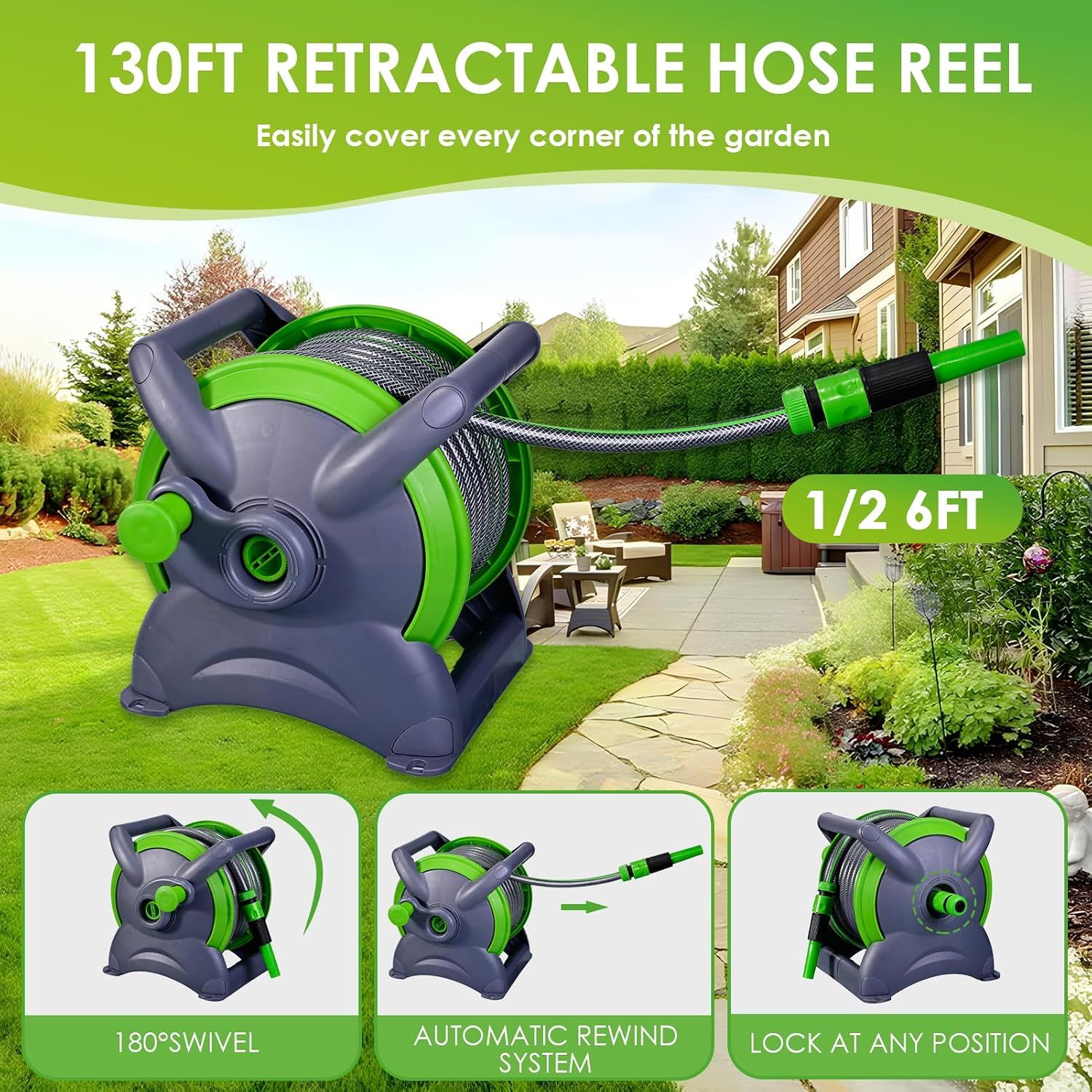 Retractable Garden Hose ZV20m Reel with 7-Mode Nozzle &amp; 180°