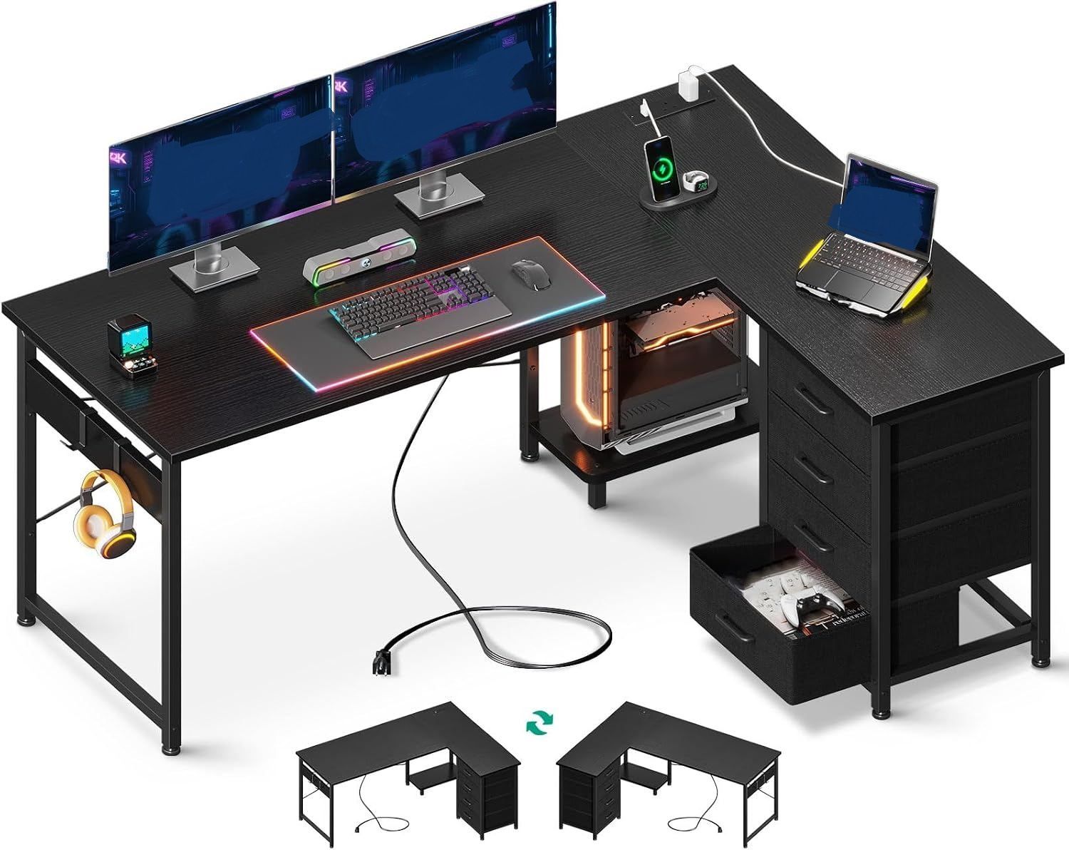 L Shaped Corner Desk with Drawers Computer Desk