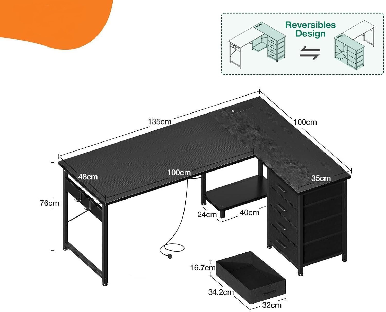 L Shaped Corner Desk with Drawers Computer Desk