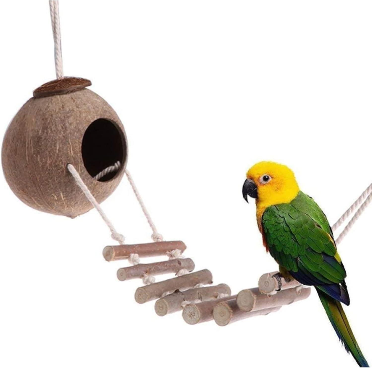 Natural Coconut Shell Bird Nest with Wooden Ladder Hanging Pet Bird House