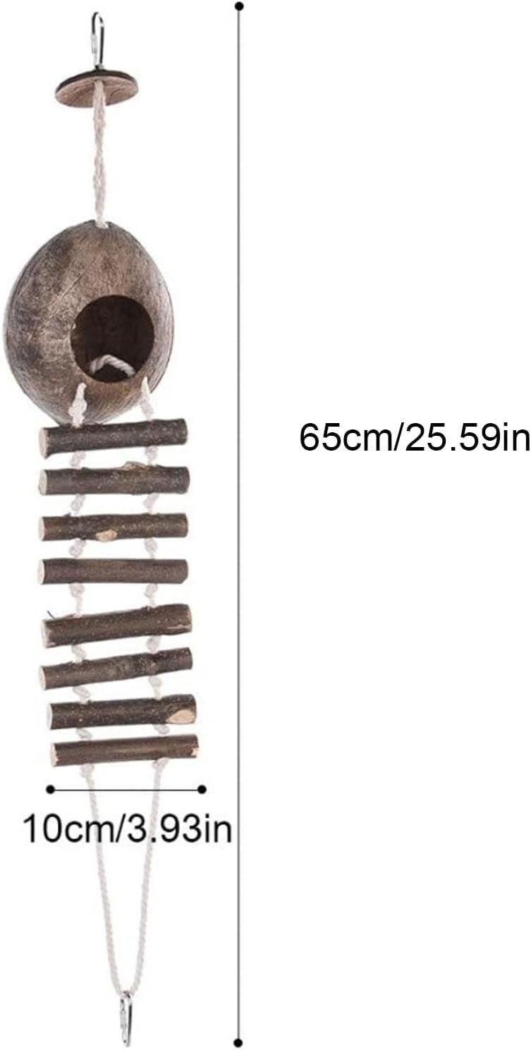 Natural Coconut Shell Bird Nest with Wooden Ladder Hanging Pet Bird House