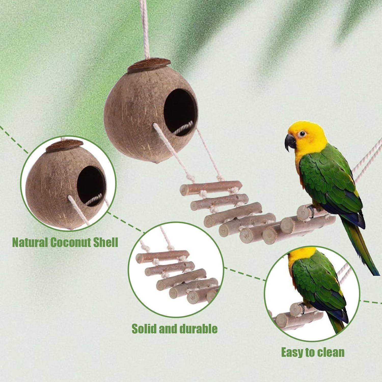 Natural Coconut Shell Bird Nest with Wooden Ladder Hanging Pet Bird House