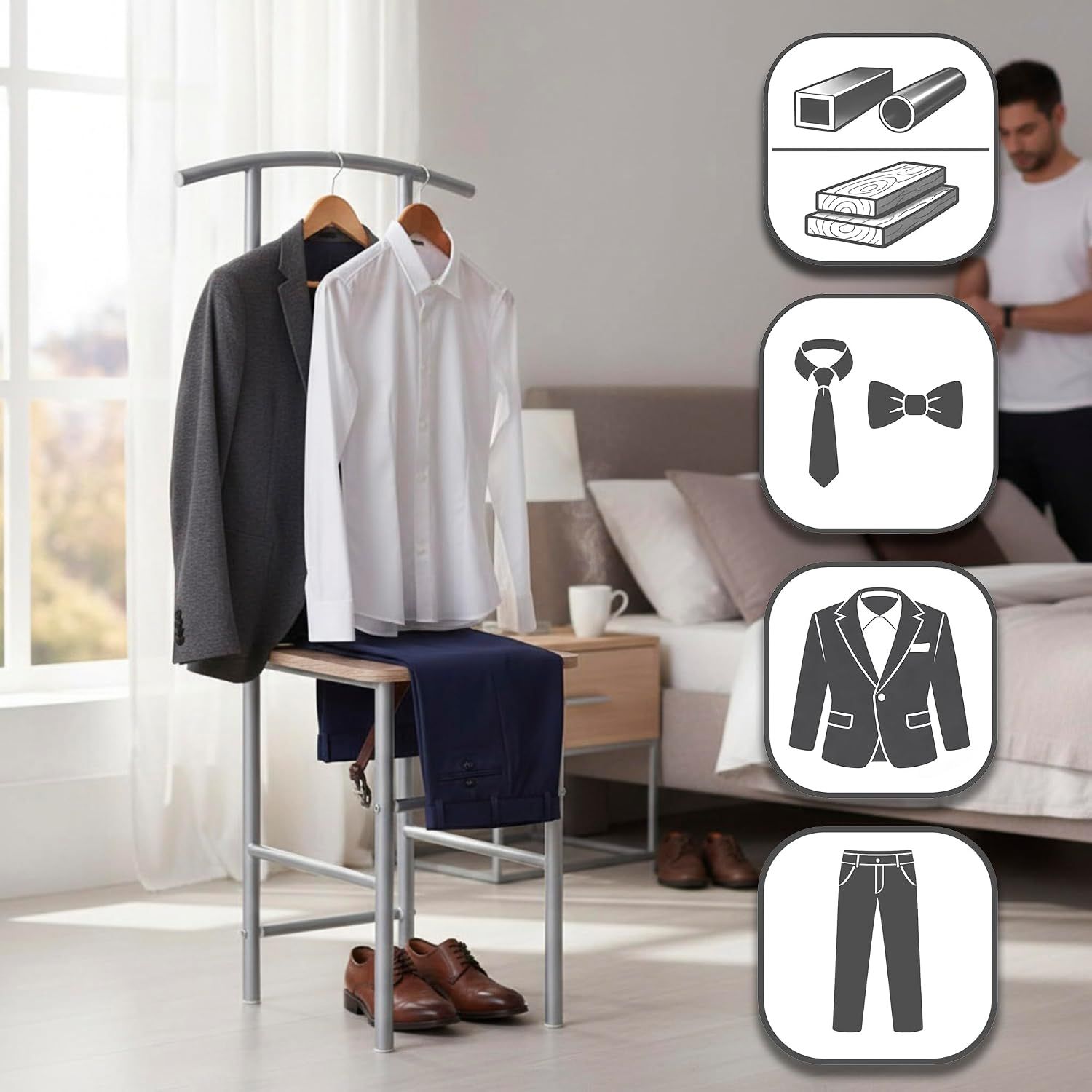 Classic Rack Valet Stand, Aluminium Steel Clothes Hanger Stand for Bedroom, Entryway