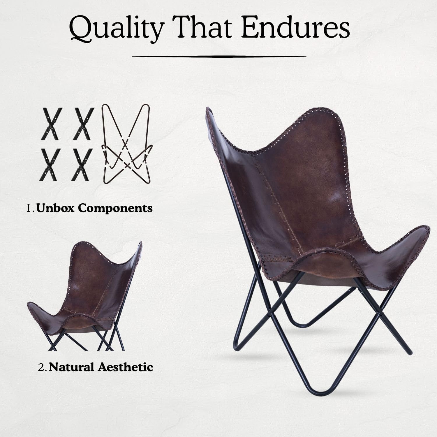 Vintage Brown Genuine Leather Butterfly Chair Handmade Lounge Seat