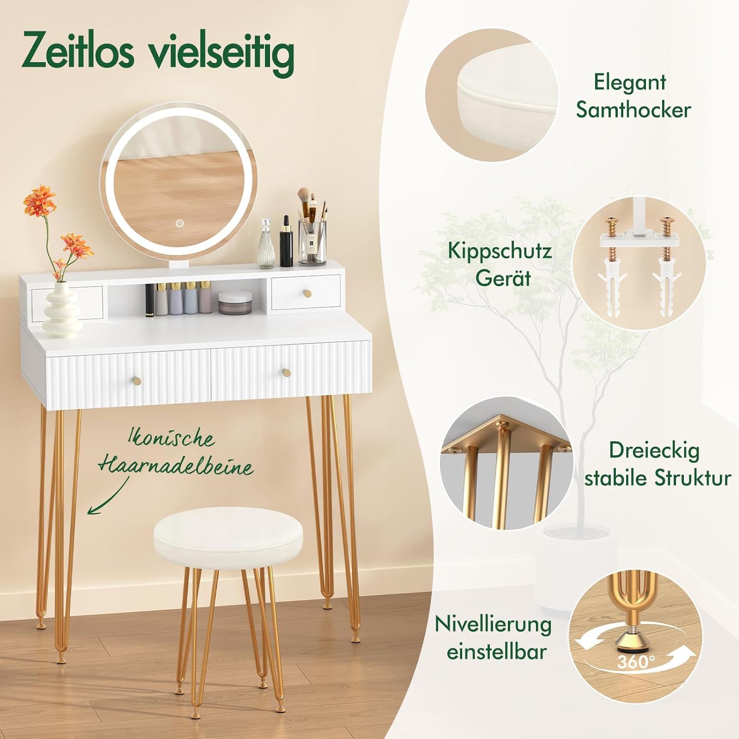 White Vanity LED Lights Mirror Makeup Table Set with Adjustable Brightness