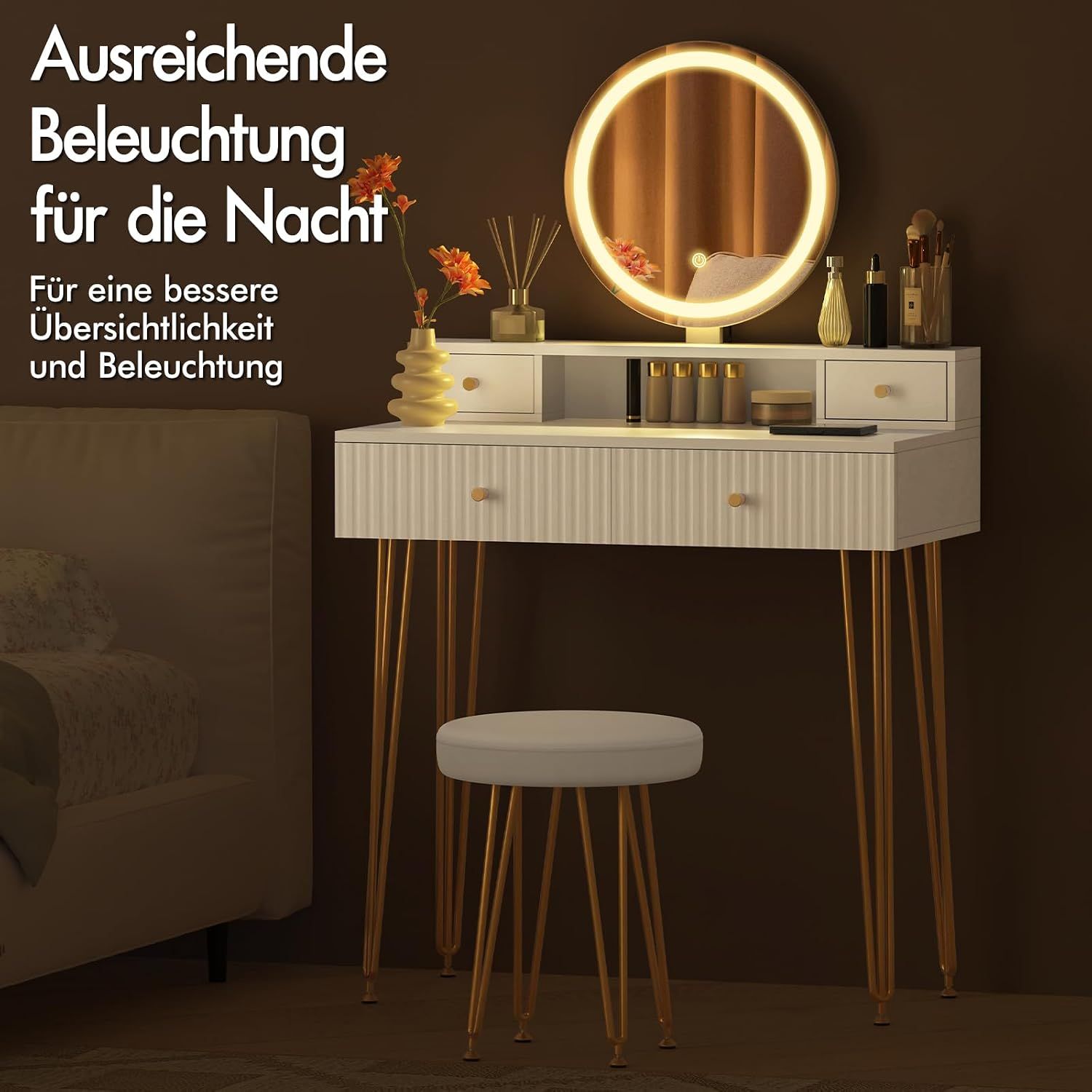 White Vanity LED Lights Mirror Makeup Table Set with Adjustable Brightness